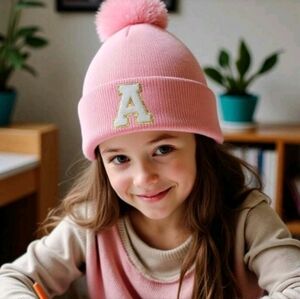 Girls Knitted Pink Pom Pom Beanie With White & Gold Letter Initial A